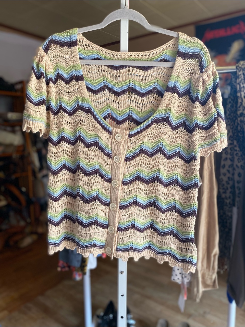 Cider Beige Knit Button-Front Chevron Stripe Cardigan